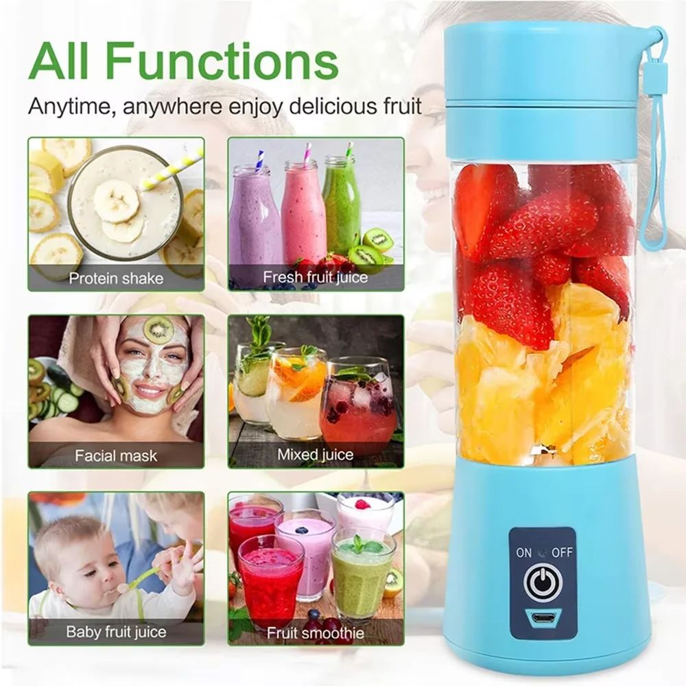 Portable Blender Bottle | 6-Blade USB Rechargeable Mini Juicer | 380ml Capacity, 2000mAh Battery, 12 Blends per Charge