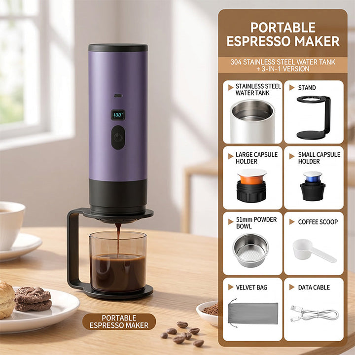Portable Espresso Machine with LCD Display | Battery &amp; USB-C Rechargeable | 90 ml Tank, 6.5 x 24 cm, Travel Coffee Maker