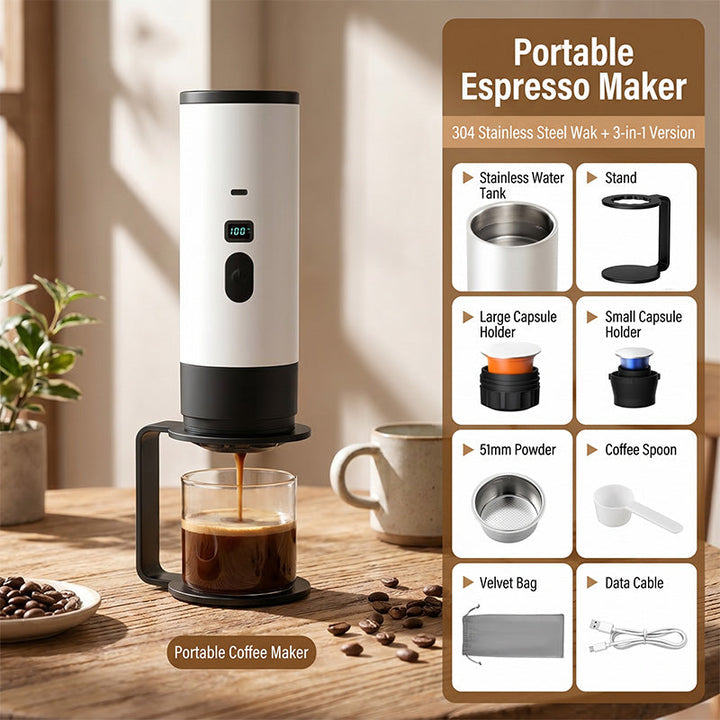 Portable Espresso Machine with LCD Display | Battery &amp; USB-C Rechargeable | 90 ml Tank, 6.5 x 24 cm, Travel Coffee Maker