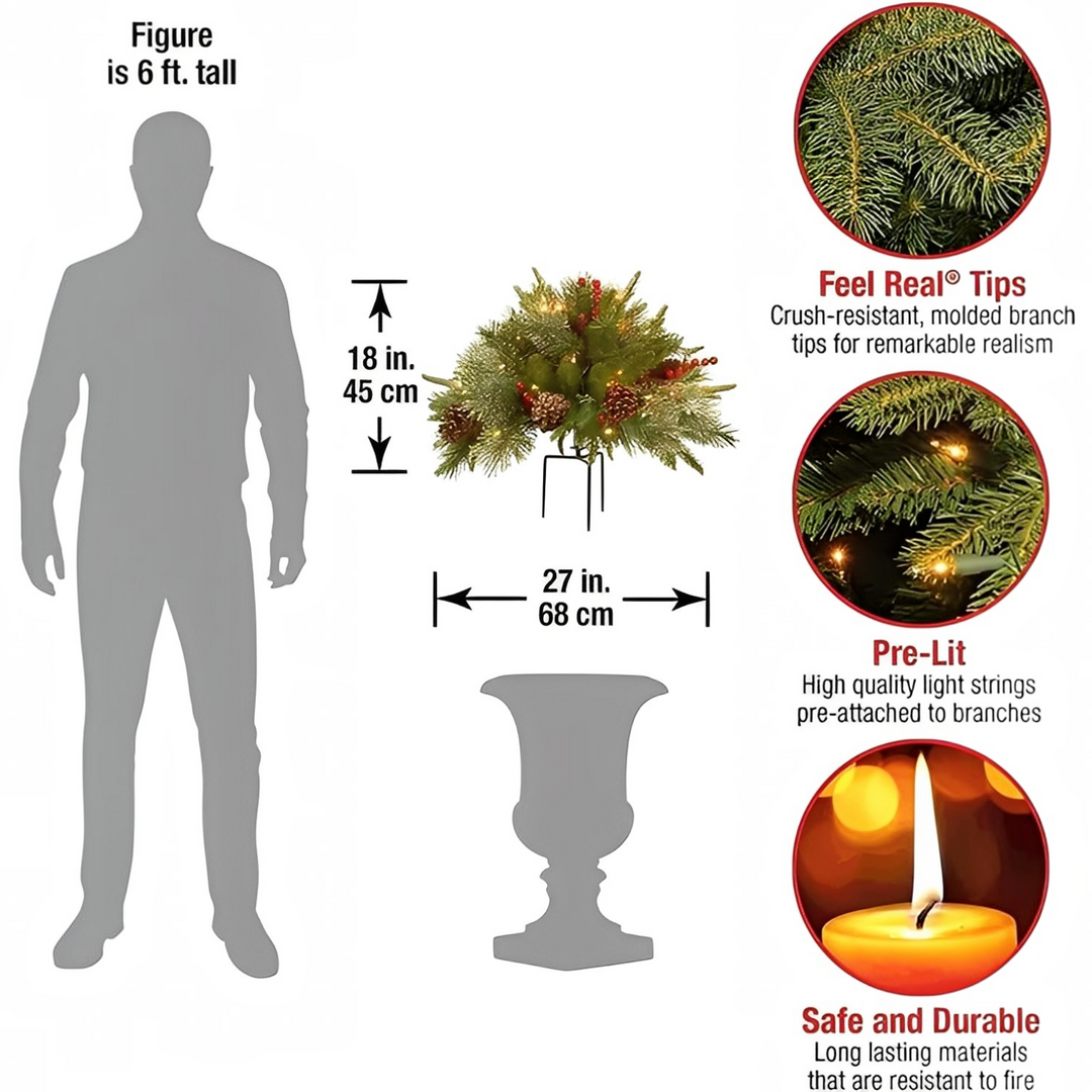 Pre-Lit Christmas Urn Filler Spray | 35 Warm White LEDs &amp; 167 Branch Tips | Fire Resistant, Non-Allergic Evergreen Design