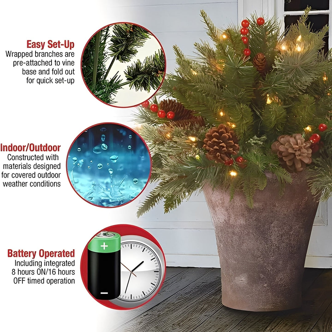 Pre-Lit Christmas Urn Filler Spray | 35 Warm White LEDs &amp; 167 Branch Tips | Fire Resistant, Non-Allergic Evergreen Design
