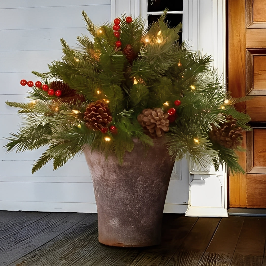 Pre-Lit Christmas Urn Filler Spray | 35 Warm White LEDs & 167 Branch Tips | Fire Resistant, Non-Allergic Evergreen Design