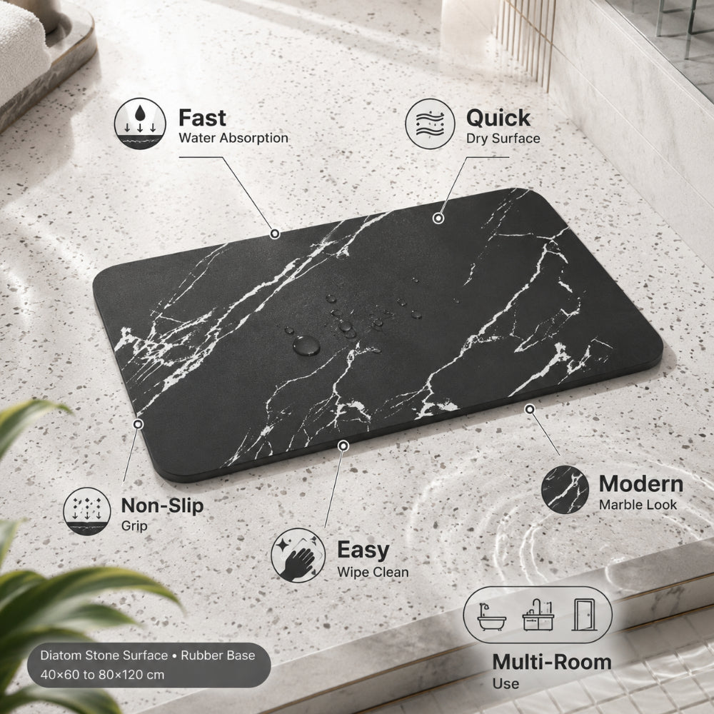 Quick Dry Bathroom Mat Diatom Stone Marble Non-Slip with Rubber Grip Base