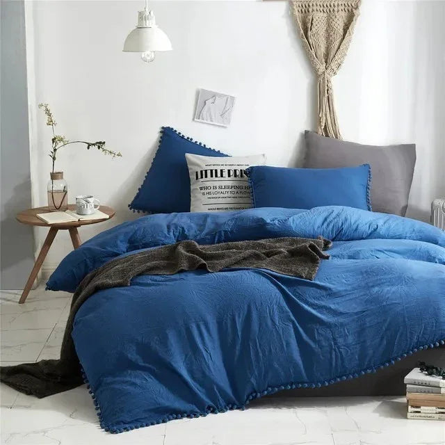 Quilt Cover Set with Pompom Trim | Single, Double, Queen, King, 10 Colours | Oversized Fit, Matching Pillowcases Included