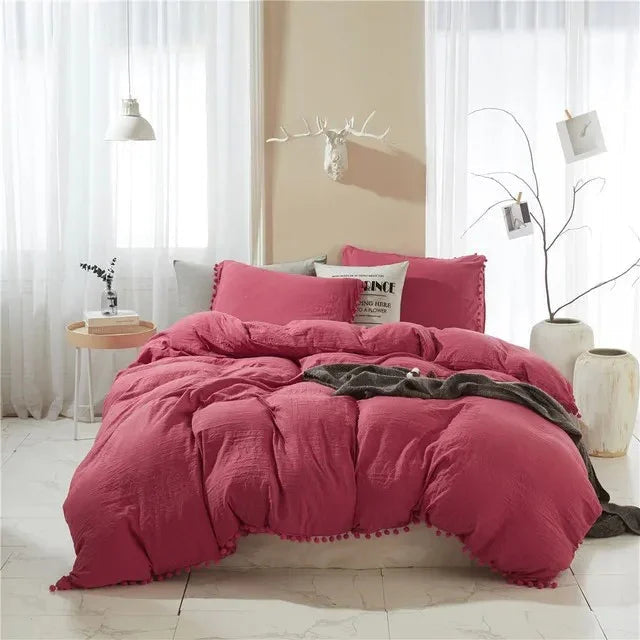 Quilt Cover Set with Pompom Trim | Single, Double, Queen, King, 10 Colours | Oversized Fit, Matching Pillowcases Included