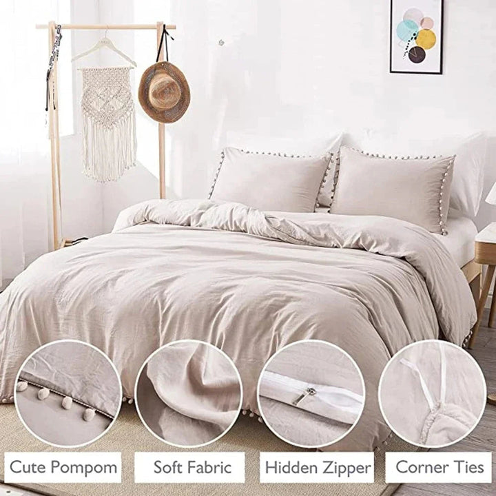 Quilt Cover Set with Pompom Trim | Single, Double, Queen, King, 10 Colours | Oversized Fit, Matching Pillowcases Included