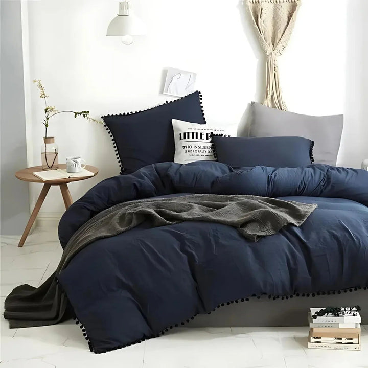 Quilt Cover Set with Pompom Trim | Single, Double, Queen, King, 10 Colours | Oversized Fit, Matching Pillowcases Included