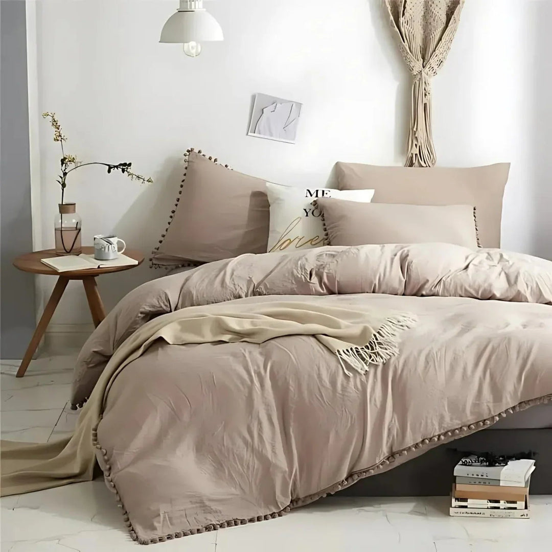 Quilt Cover Set with Pompom Trim | Single, Double, Queen, King, 10 Colours | Oversized Fit, Matching Pillowcases Included