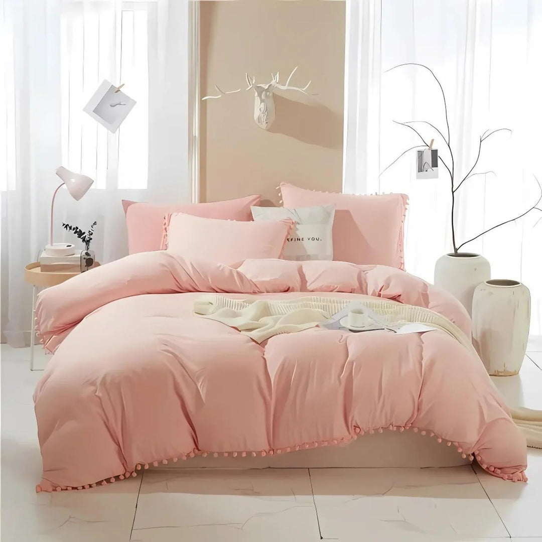 Quilt Cover Set with Pompom Trim | Single, Double, Queen, King, 10 Colours | Oversized Fit, Matching Pillowcases Included