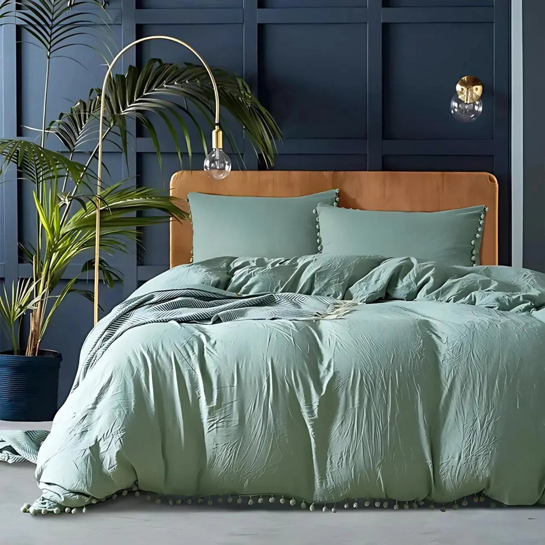 Quilt Cover Set with Pompom Trim | Single, Double, Queen, King, 10 Colours | Oversized Fit, Matching Pillowcases Included