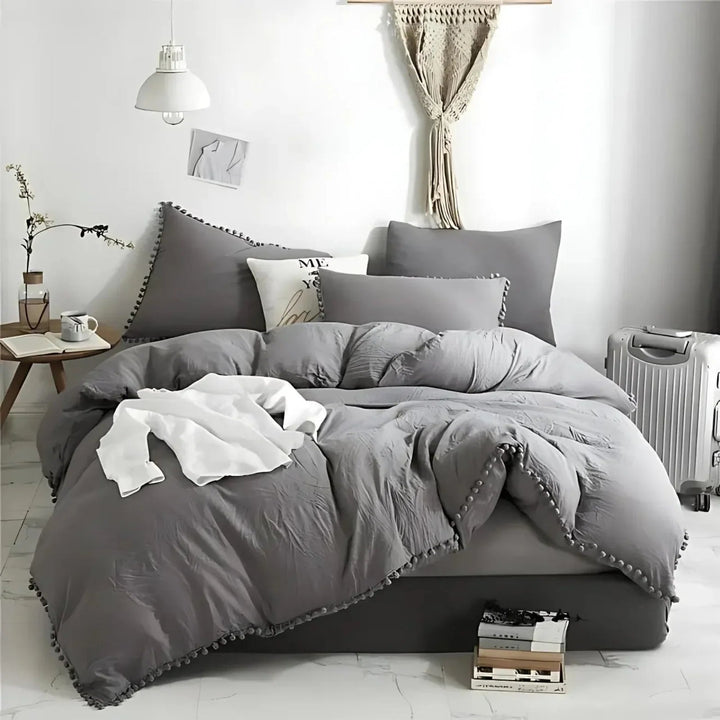 Quilt Cover Set with Pompom Trim | Single, Double, Queen, King, 10 Colours | Oversized Fit, Matching Pillowcases Included