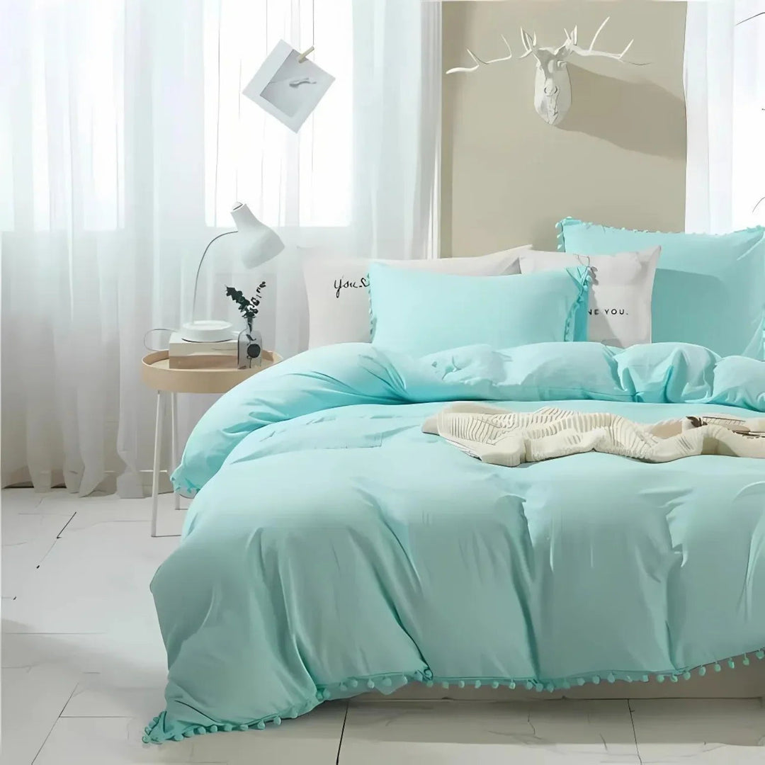 Quilt Cover Set with Pompom Trim | Single, Double, Queen, King, 10 Colours | Oversized Fit, Matching Pillowcases Included