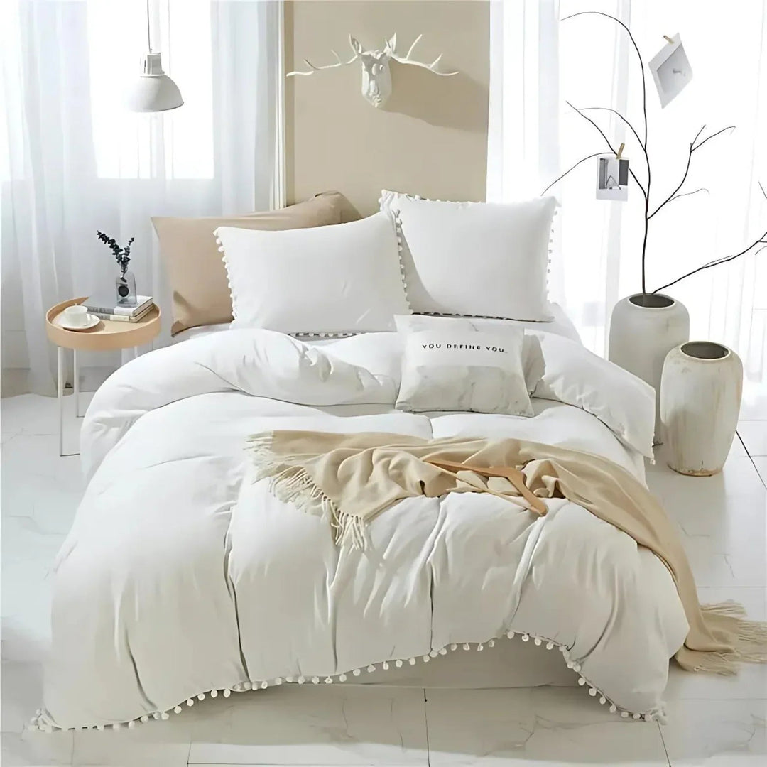 Quilt Cover Set with Pompom Trim | Single, Double, Queen, King, 10 Colours | Oversized Fit, Matching Pillowcases Included