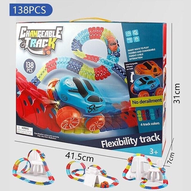 Racing Track Toy Flexible Magnetic Snap-Together Kids with LED Cars