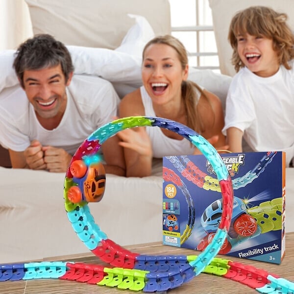 Racing Track Toy Flexible Magnetic Snap-Together Kids with LED Cars