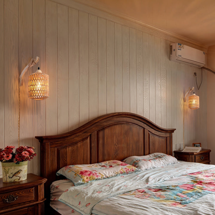 Rattan Wall Lamp Wood &amp; Rattan | Hand-Woven Shade with Plug-In Design | Soft Ambient Lighting for Cosy Interiors