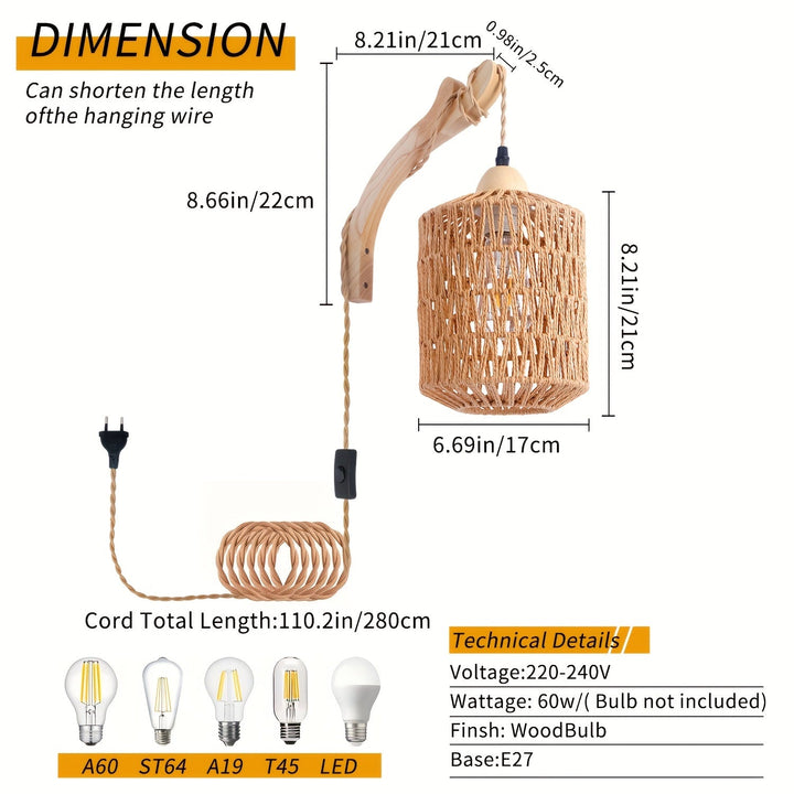 Rattan Wall Lamp Wood &amp; Rattan | Hand-Woven Shade with Plug-In Design | Soft Ambient Lighting for Cosy Interiors