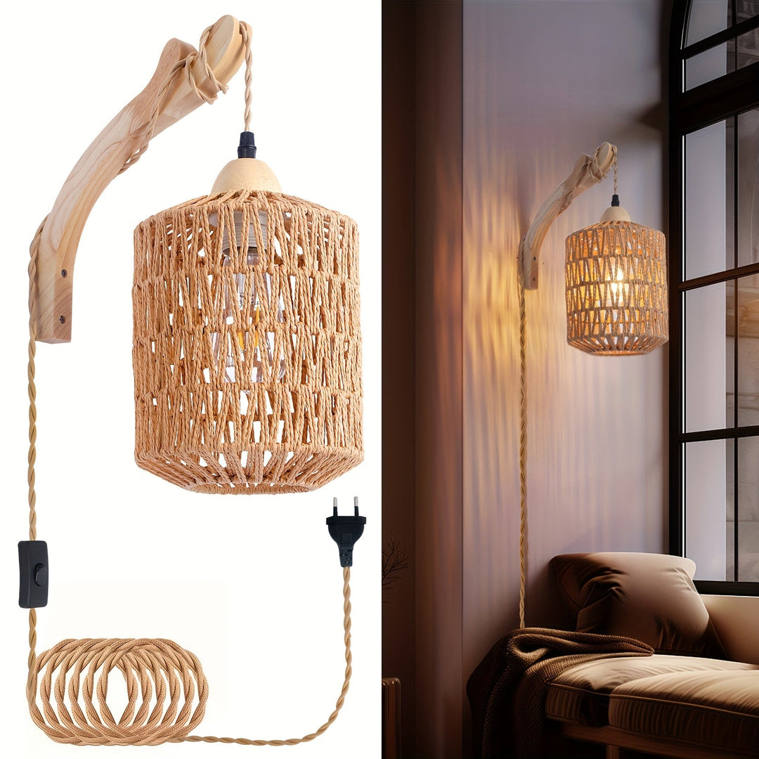 Rattan Wall Lamp Wood & Rattan | Hand-Woven Shade with Plug-In Design | Soft Ambient Lighting for Cosy Interiors
