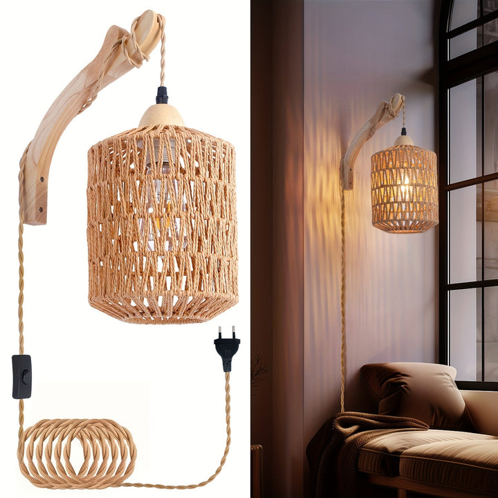 Rattan Wall Lamp Wood &amp; Rattan | Hand-Woven Shade with Plug-In Design | Soft Ambient Lighting for Cosy Interiors