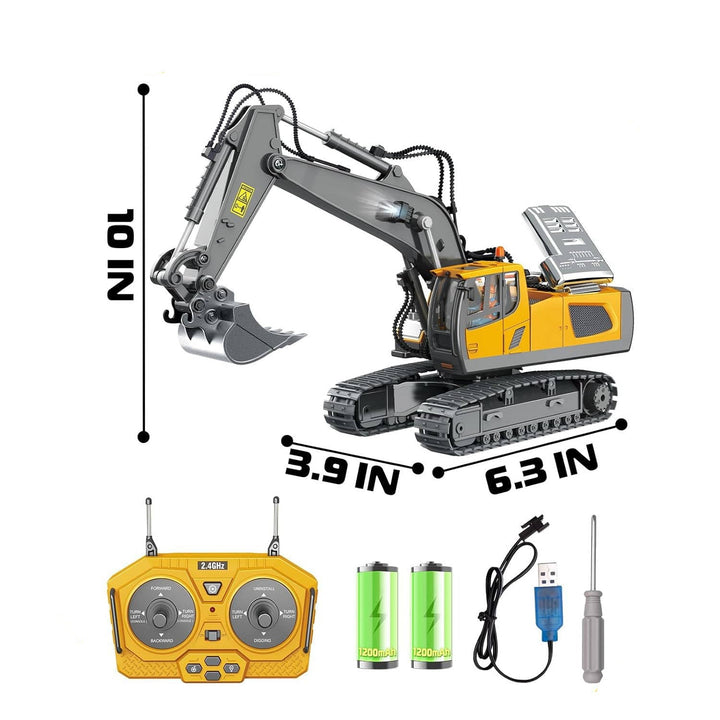 Remote Control Excavator Truck | 3 Motors, Metal Attachments, 11 Channel Control | Rubber Tracks for Outdoor Terrain