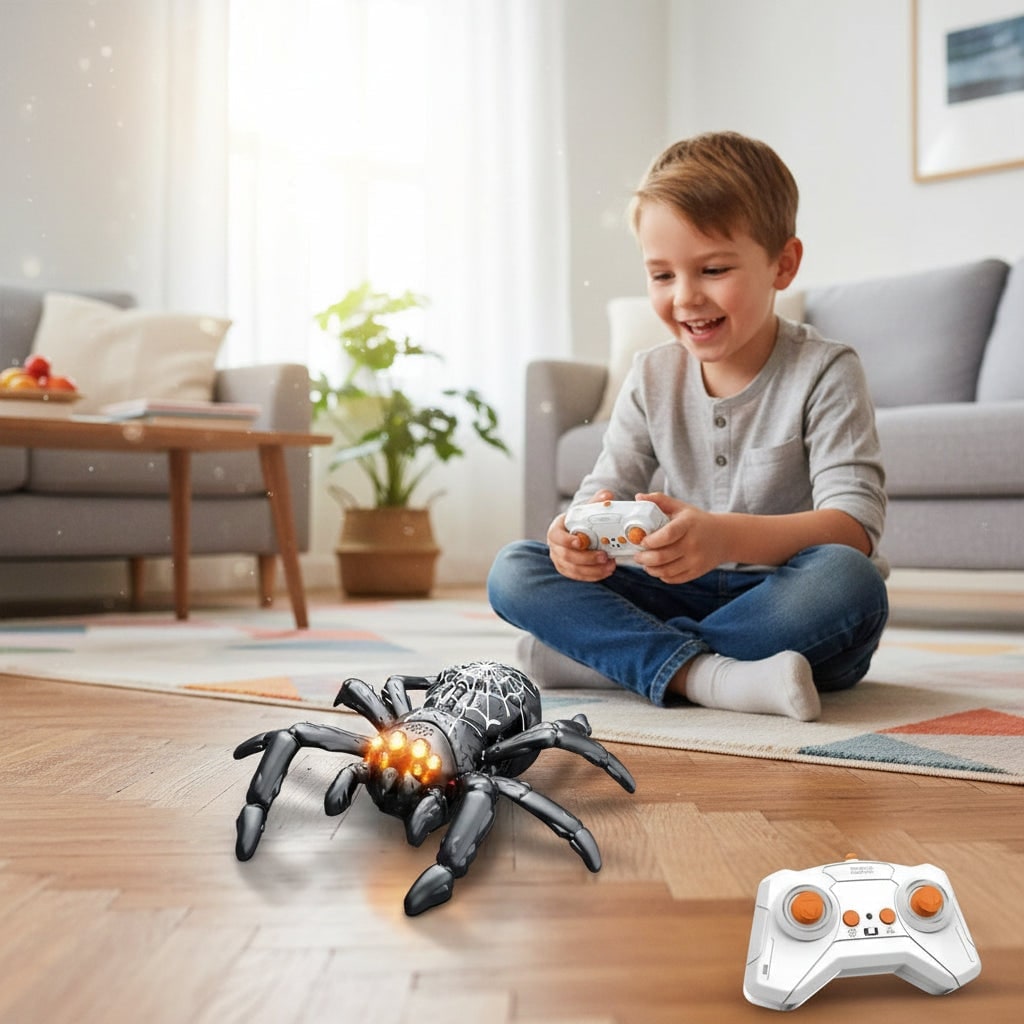 Remote Control Spider Halloween Toy | Wall-Climbing, Glowing LED Eyes | 6 Colours, Dual Joystick Remote, Indoor Use