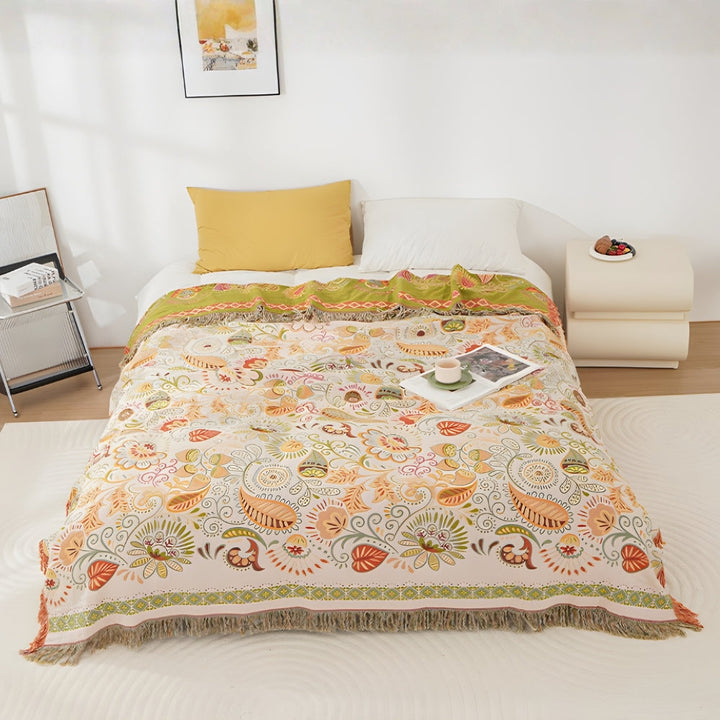 Reversible Throw Blanket 150x200cm &amp; 200x230cm | Autumn Leaf Pattern, Tasseled Edges | Two Looks, One Washable Blanket