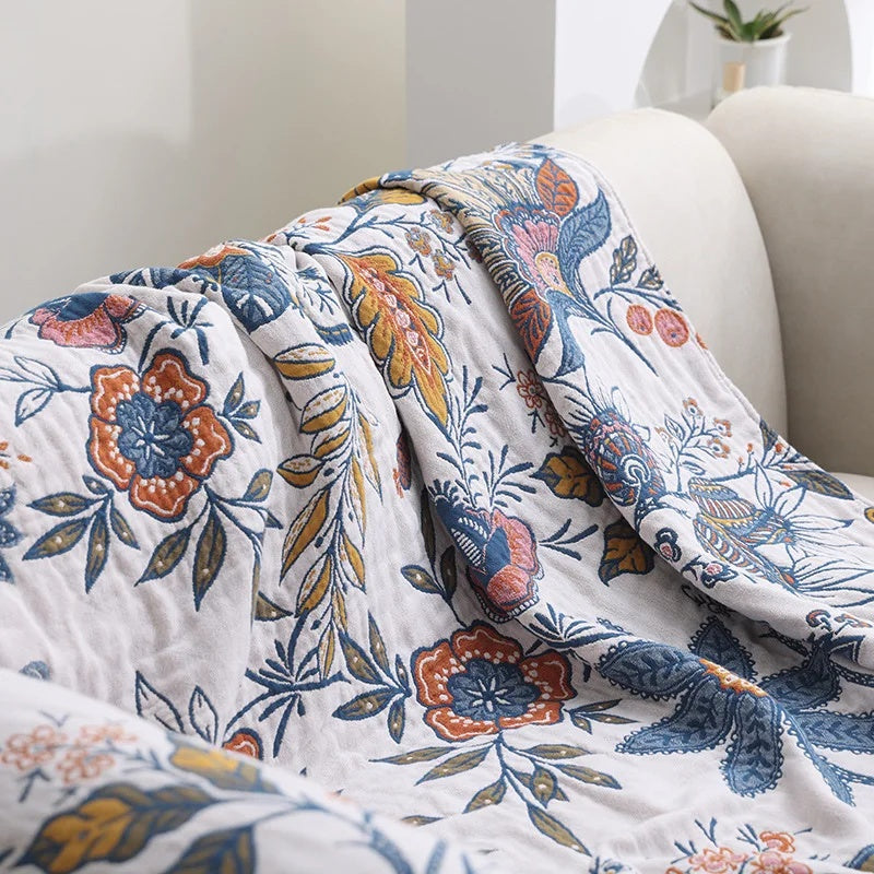 Reversible Throw Blanket Boho Floral Machine Washable with Tassels