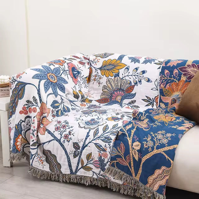 Reversible Throw Blanket Boho Floral Machine Washable with Tassels