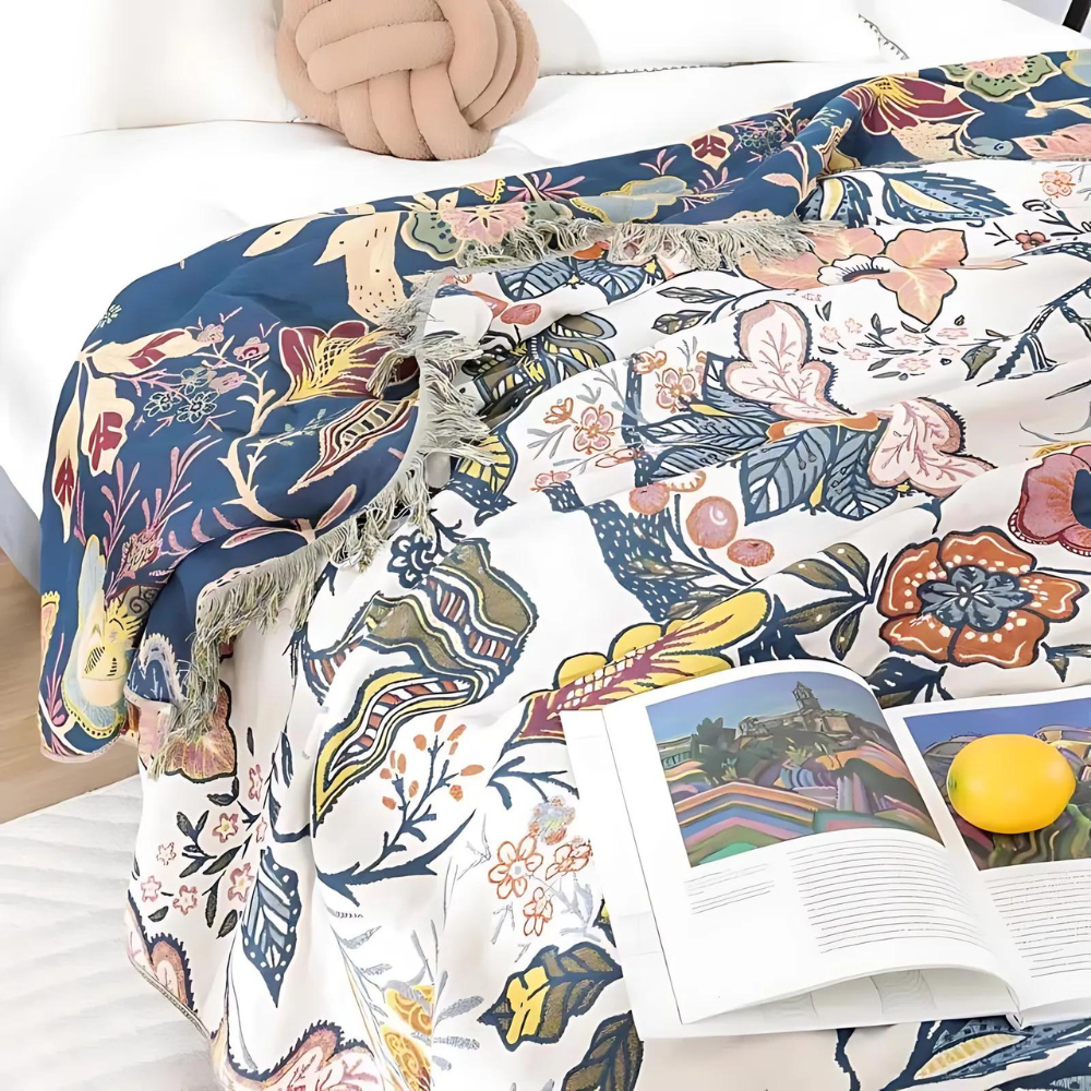 Reversible Throw Blanket Boho Floral Machine Washable with Tassels