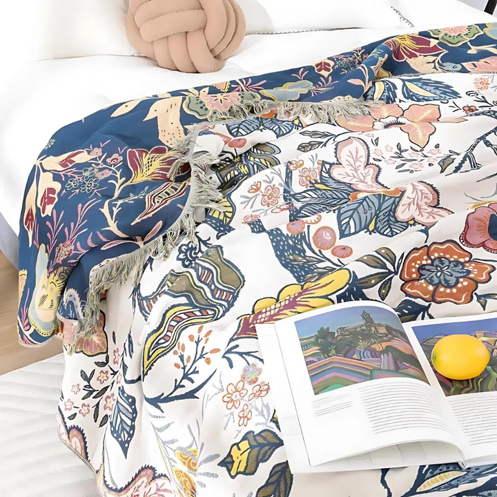 Reversible Throw Blanket Boho Floral Machine Washable with Tassels