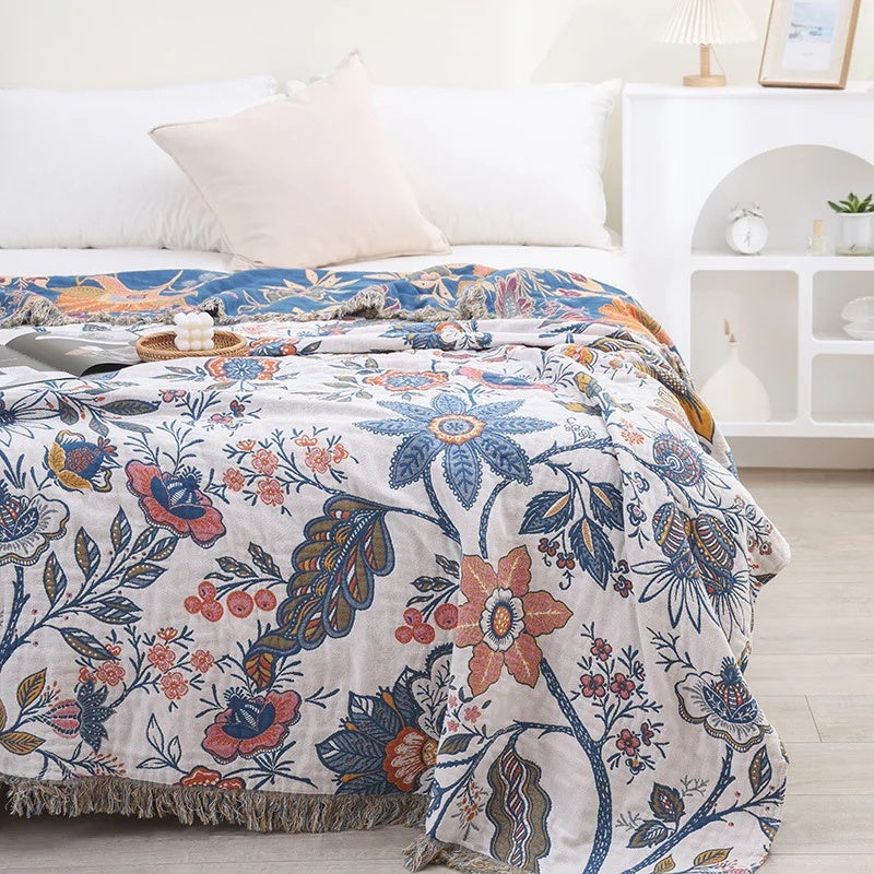 Reversible Throw Blanket Boho Floral Machine Washable with Tassels