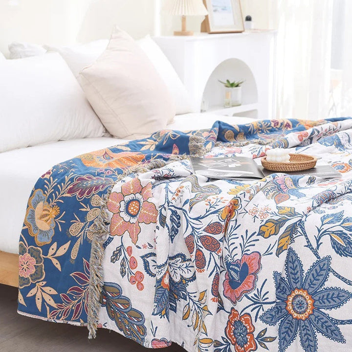 Reversible Throw Blanket Boho Floral Machine Washable with Tassels