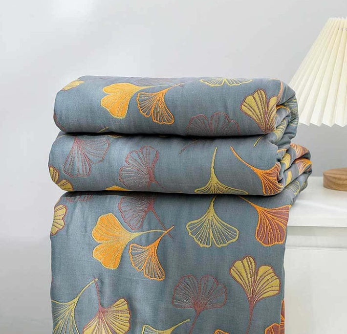 Reversible Throw Blanket Ginkgo Leaf Print | 150–230cm, 3 Sizes | Dual-Sided Nature Design, Machine Washable Care