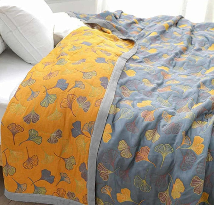 Reversible Throw Blanket Ginkgo Leaf Print | 150–230cm, 3 Sizes | Dual-Sided Nature Design, Machine Washable Care