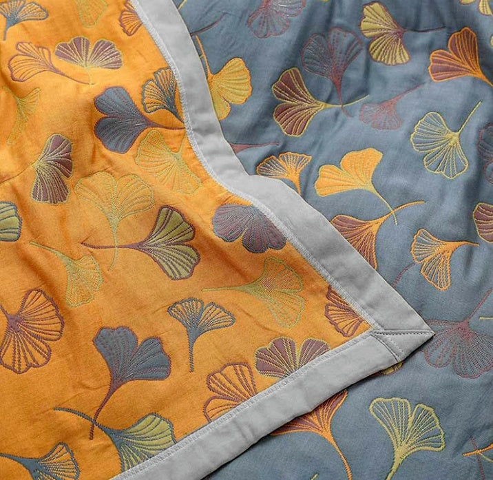 Reversible Throw Blanket Ginkgo Leaf Print | 150–230cm, 3 Sizes | Dual-Sided Nature Design, Machine Washable Care