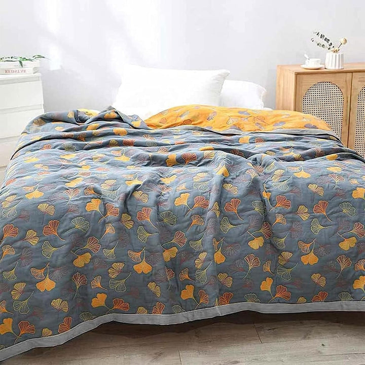 Reversible Throw Blanket Ginkgo Leaf Print | 150–230cm, 3 Sizes | Dual-Sided Nature Design, Machine Washable Care