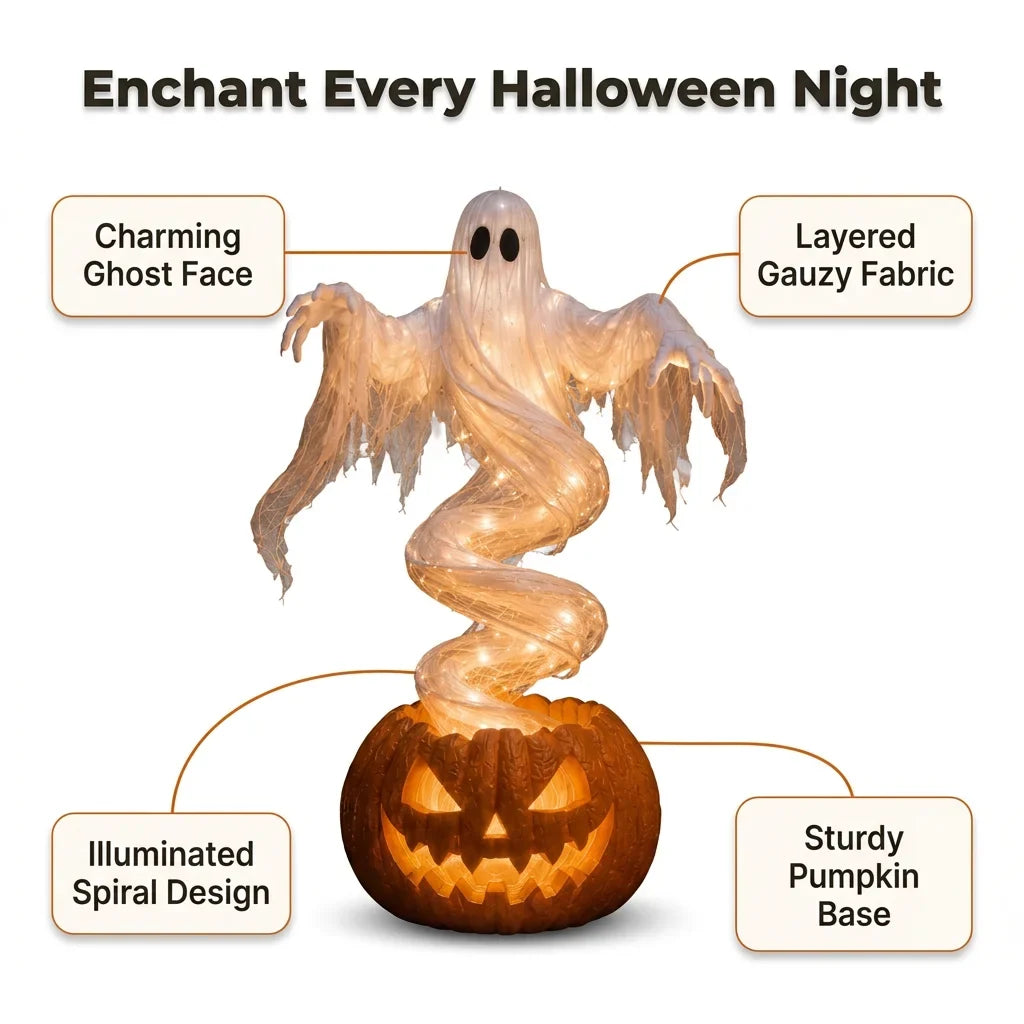 Rising Ghost &amp; Pumpkin Yard Lamp Halloween Decoration | Spiral Frame with Warm Glow Lighting | Porch &amp; Entryway Display
