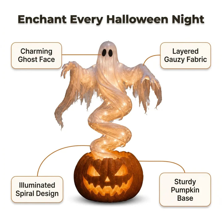 Rising Ghost &amp; Pumpkin Yard Lamp Halloween Decoration | Spiral Frame with Warm Glow Lighting | Porch &amp; Entryway Display