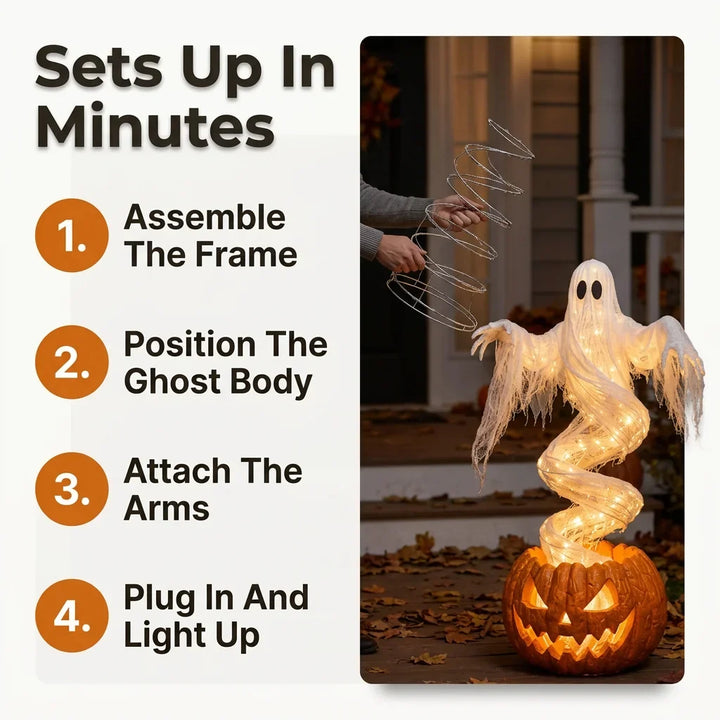 Rising Ghost &amp; Pumpkin Yard Lamp Halloween Decoration | Spiral Frame with Warm Glow Lighting | Porch &amp; Entryway Display