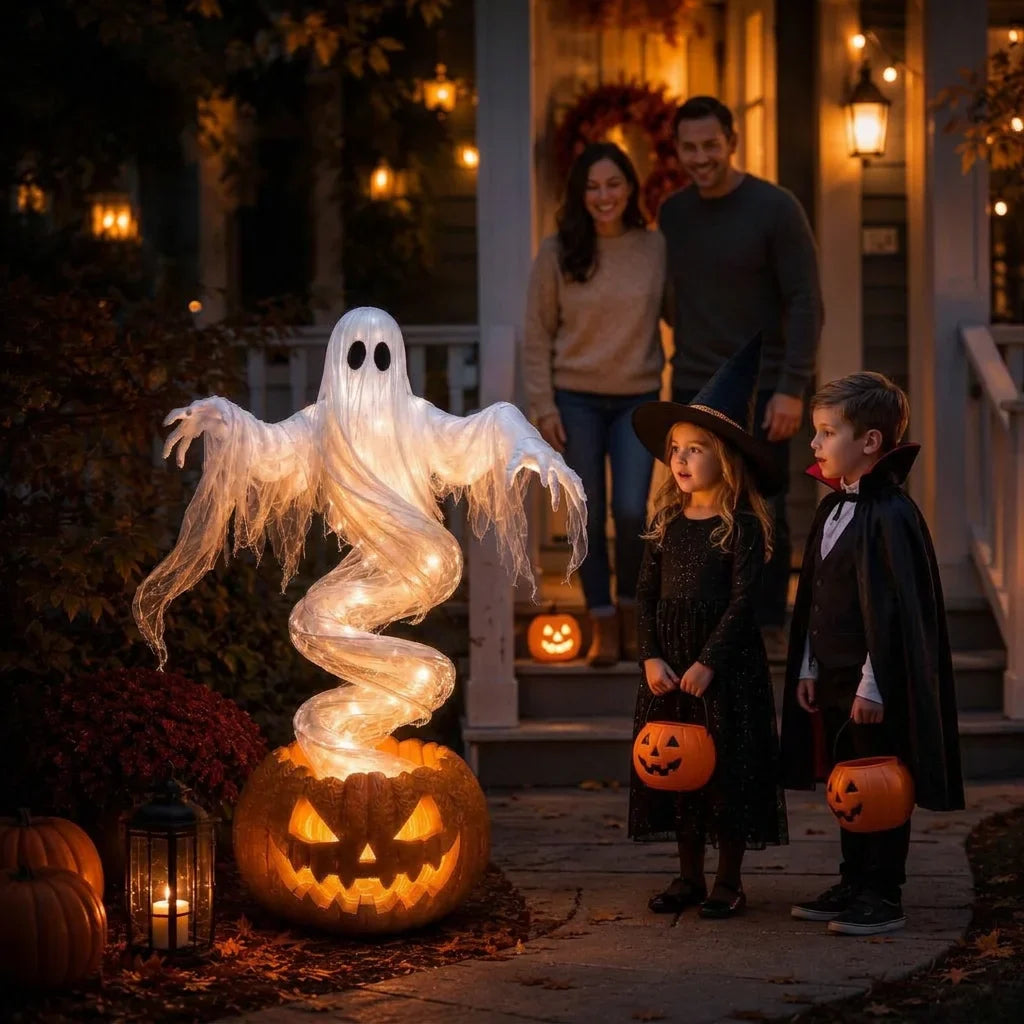 Rising Ghost &amp; Pumpkin Yard Lamp Halloween Decoration | Spiral Frame with Warm Glow Lighting | Porch &amp; Entryway Display