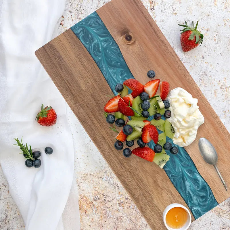 River Cutting Board | Poured Turquoise Channel, Long Face