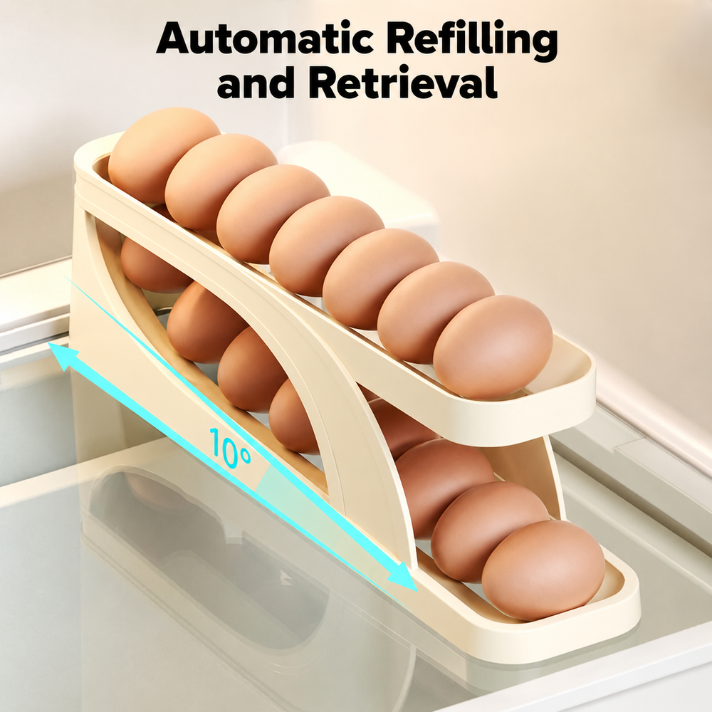 Rolling Egg Dispenser, ABS Plastic | Holds 14-15 Eggs, Non-Slip Base | Automatic Oldest-First Fridge or Pantry Storage