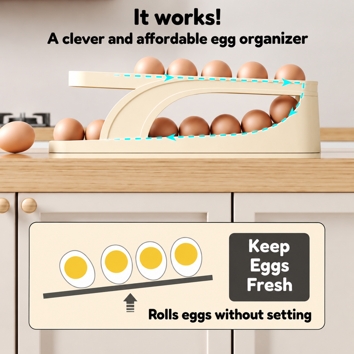 Rolling Egg Dispenser, ABS Plastic | Holds 14-15 Eggs, Non-Slip Base | Automatic Oldest-First Fridge or Pantry Storage
