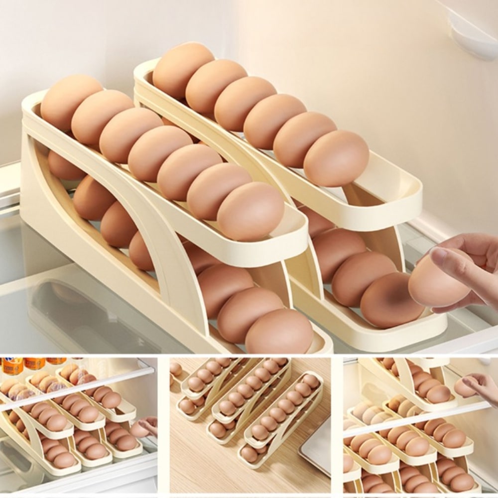 Rolling Egg Dispenser, ABS Plastic | Holds 14-15 Eggs, Non-Slip Base | Automatic Oldest-First Fridge or Pantry Storage