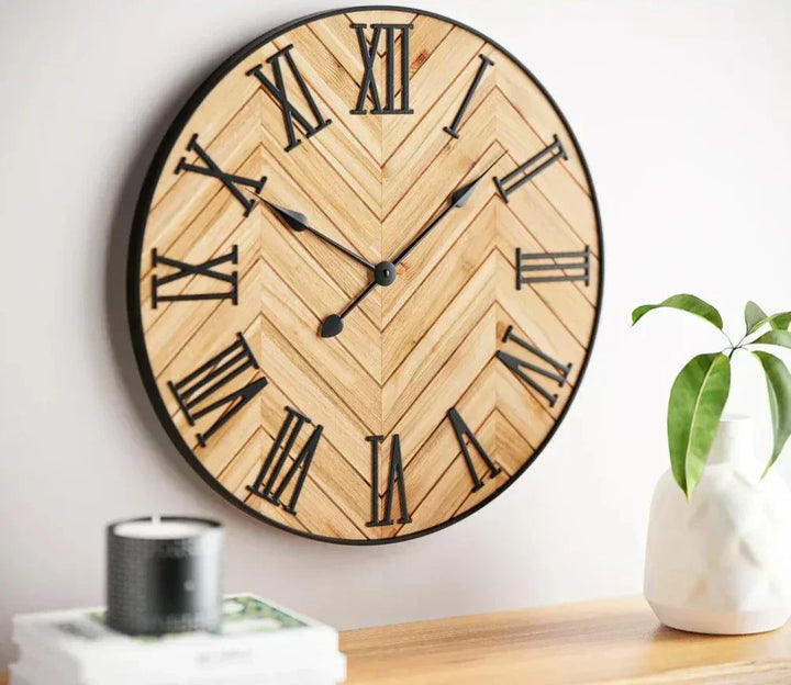 Roman Numeral Wall Clock Rustic Analog Metal Wood with Quiet Movement