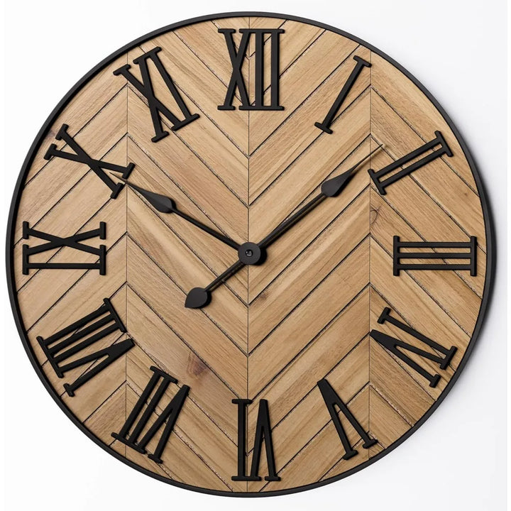 Roman Numeral Wall Clock Rustic Analog Metal Wood with Quiet Movement
