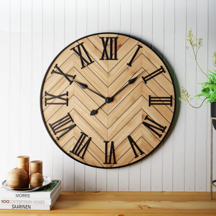 Roman Numeral Wall Clock Rustic Analog Metal Wood with Quiet Movement