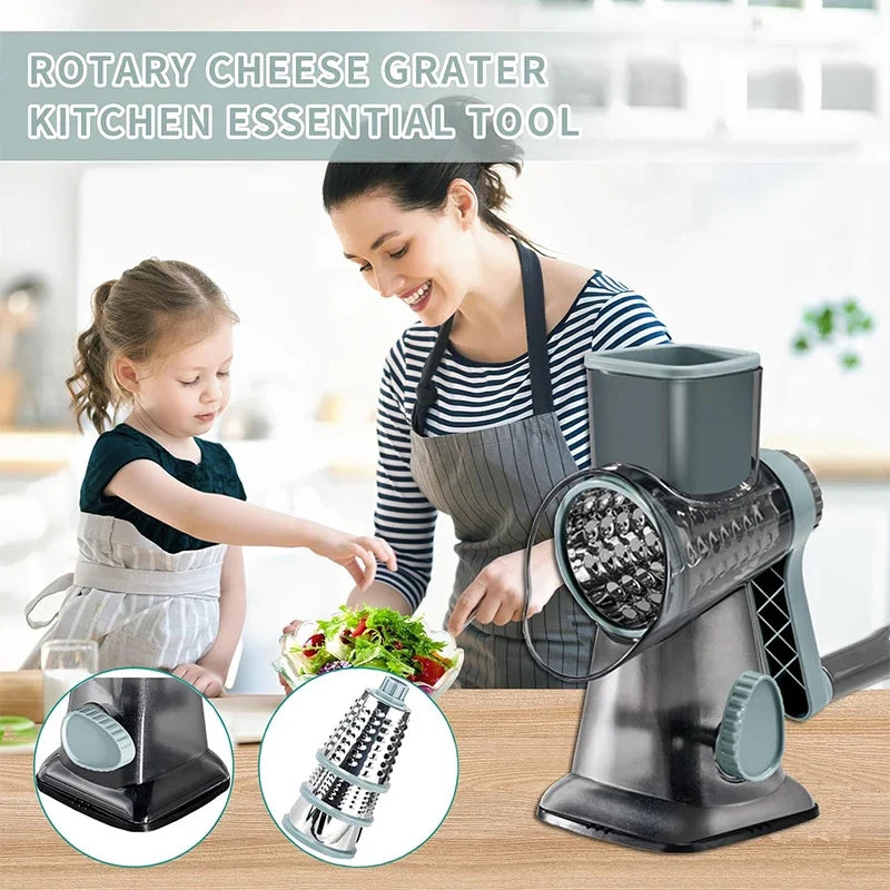 Rotary Grater Stainless Steel Drums | Fine, Coarse &amp; Slicer Attachments | Suction Cup Base for One-Handed Operation