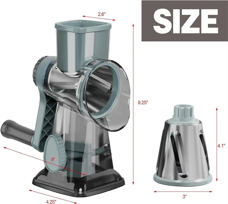 Rotary Grater Stainless Steel Drums | Fine, Coarse &amp; Slicer Attachments | Suction Cup Base for One-Handed Operation