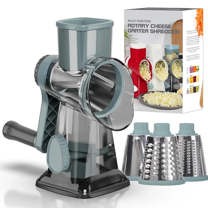 Rotary Grater Stainless Steel Drums | Fine, Coarse &amp; Slicer Attachments | Suction Cup Base for One-Handed Operation